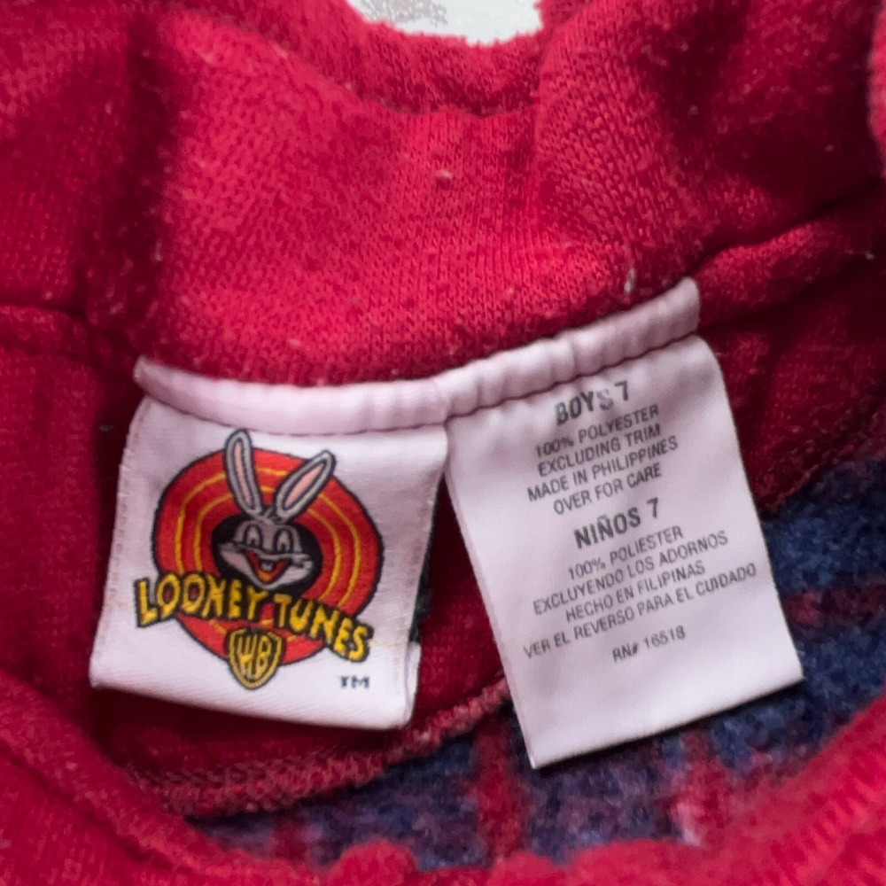 Vintage Looney Tunes Sweater Boys 7 Blue Red Plaid Fleece Jacket Youth Taz Y2K - Picture 4 of 7